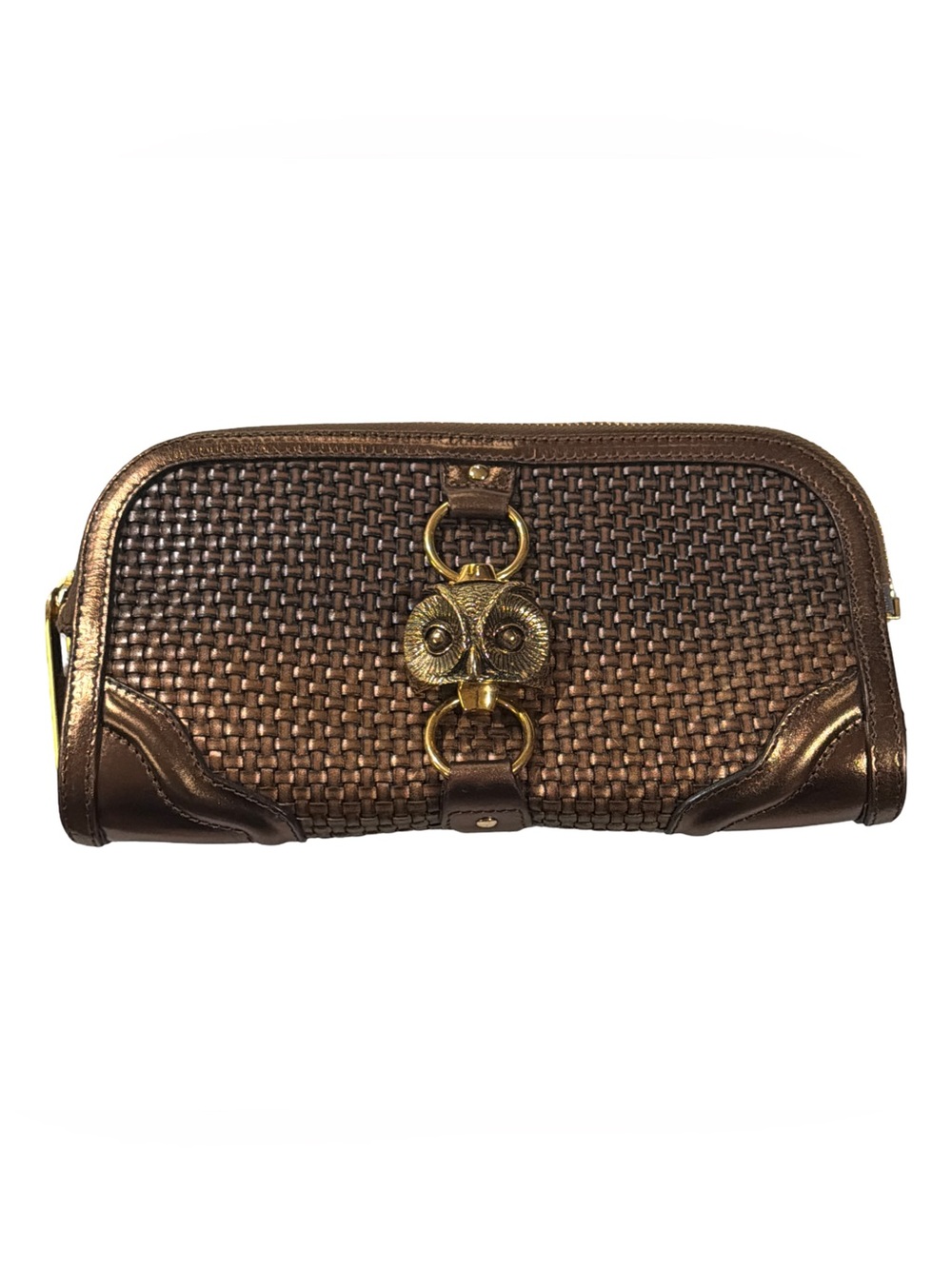 Burberry • Alma Metallic Woven Leather Brass Owl Head Crossbody Clutch F/W 2012